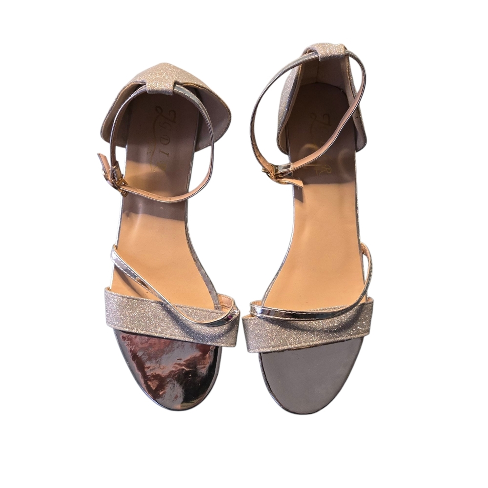 JGDIR Silver Glitter Open Toe Sandal Ankle Strap Low Block Heel Size 40 (9)